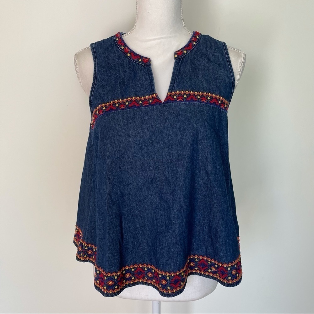 Gap Crop Top Size XS Womens Embroidered Denim Sleeveless Cotton V Neck Blue Red - Picture 7 of 11